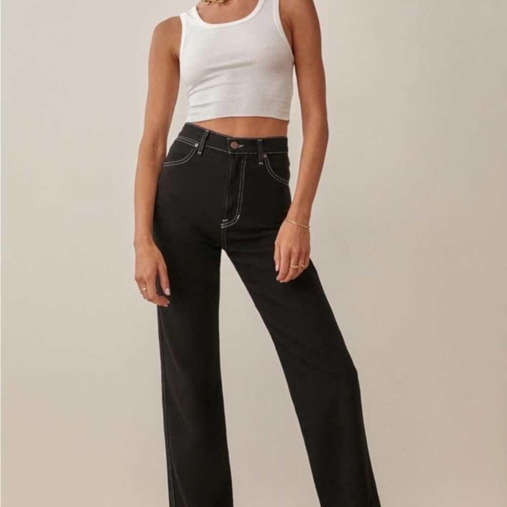 Reformation Cowboy High Rise Jeans Black with White Stitching